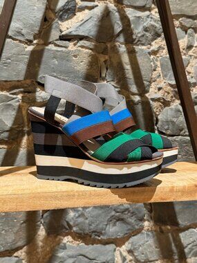 Prada Multicolour Striped Elastic Wedge Sandals